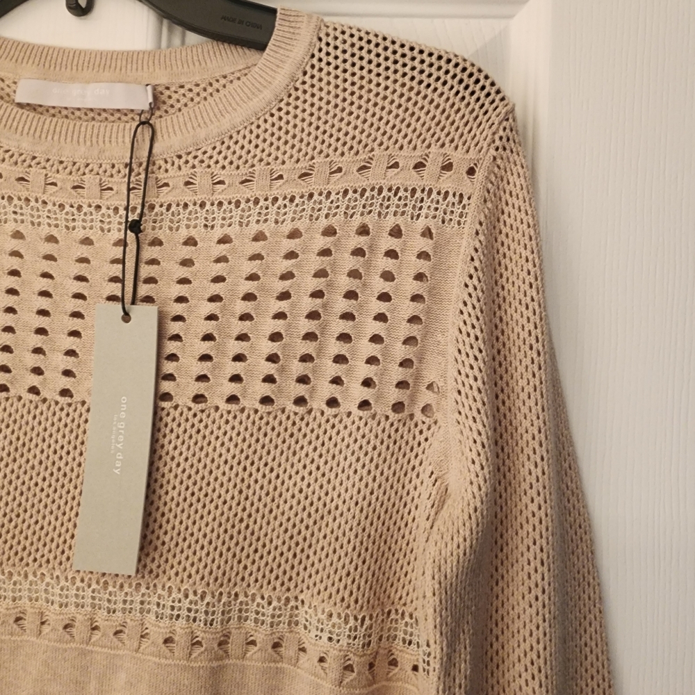 One Grey Day Pullover Open Knit Crewneck Sweater In Tan Size XS - Picture 5 of 12